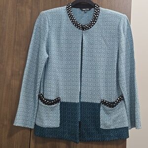 Misook-Open Cardigan Hook Closure Long Sleeve Knit Beaded Blue-Size Small